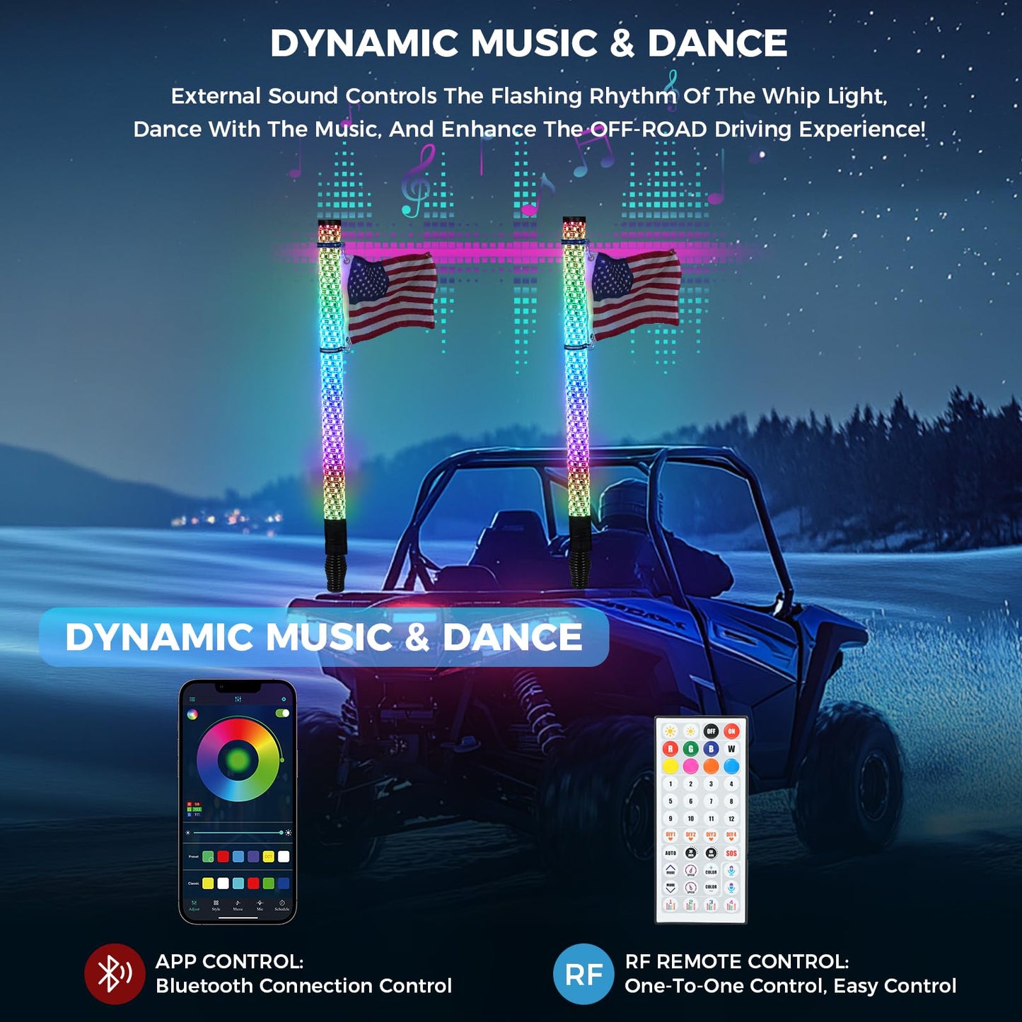 STARKMAN (2 Pack) 3FT Fat Whip Lights, Music LED Whip Lights with App & Remote Control, Spiral RGB Chase Light Up Antenna Whip with Rocker Switch, for SXS ATV UTV RZR Can-am X3 Off-Road