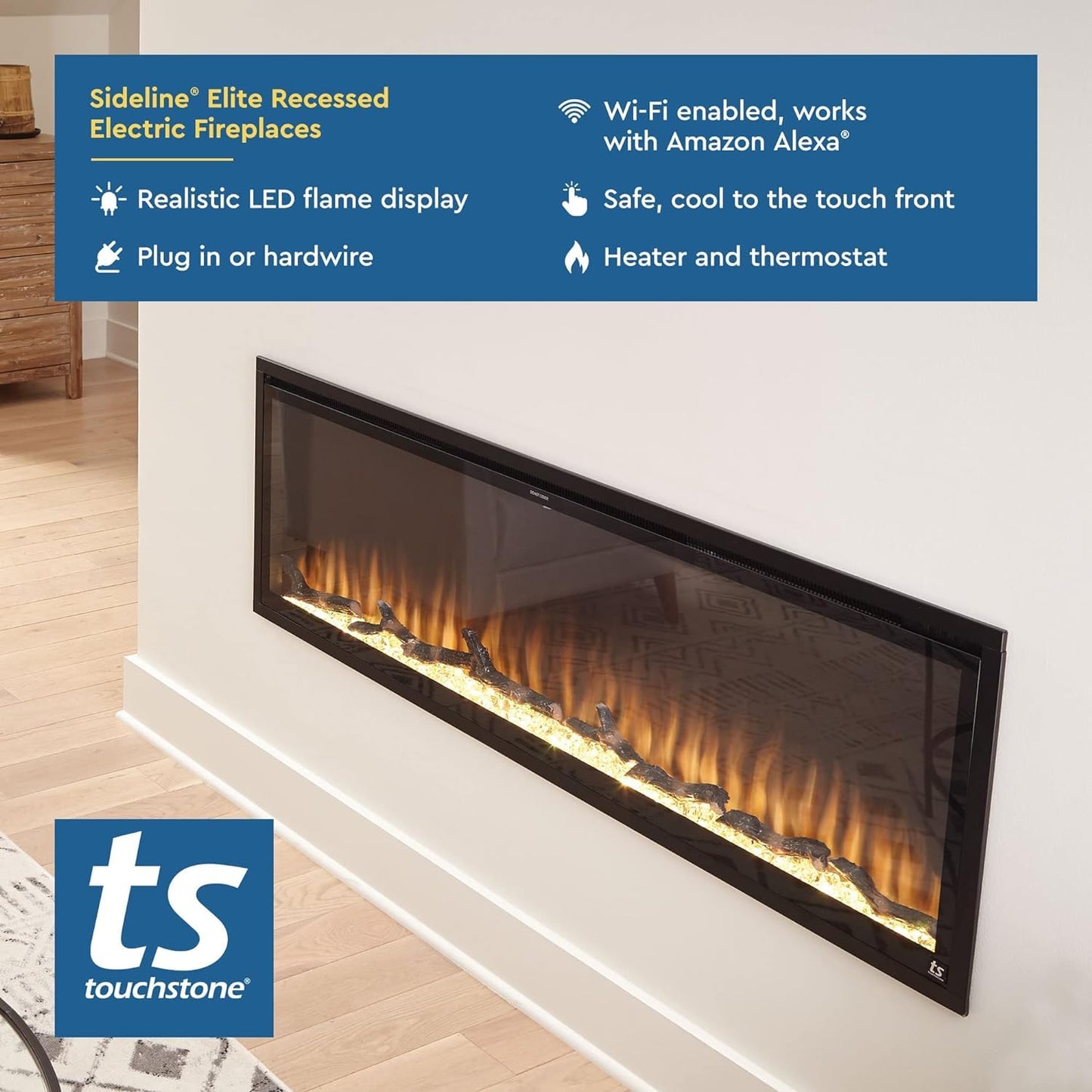 Touchstone Sideline Elite Smart 60” WiFi-Enabled Electric Fireplace - in-Wall Recessed - 60 Color Combinations - 1,500W Heater - Black - Log, Crystals & Driftwood - 80037