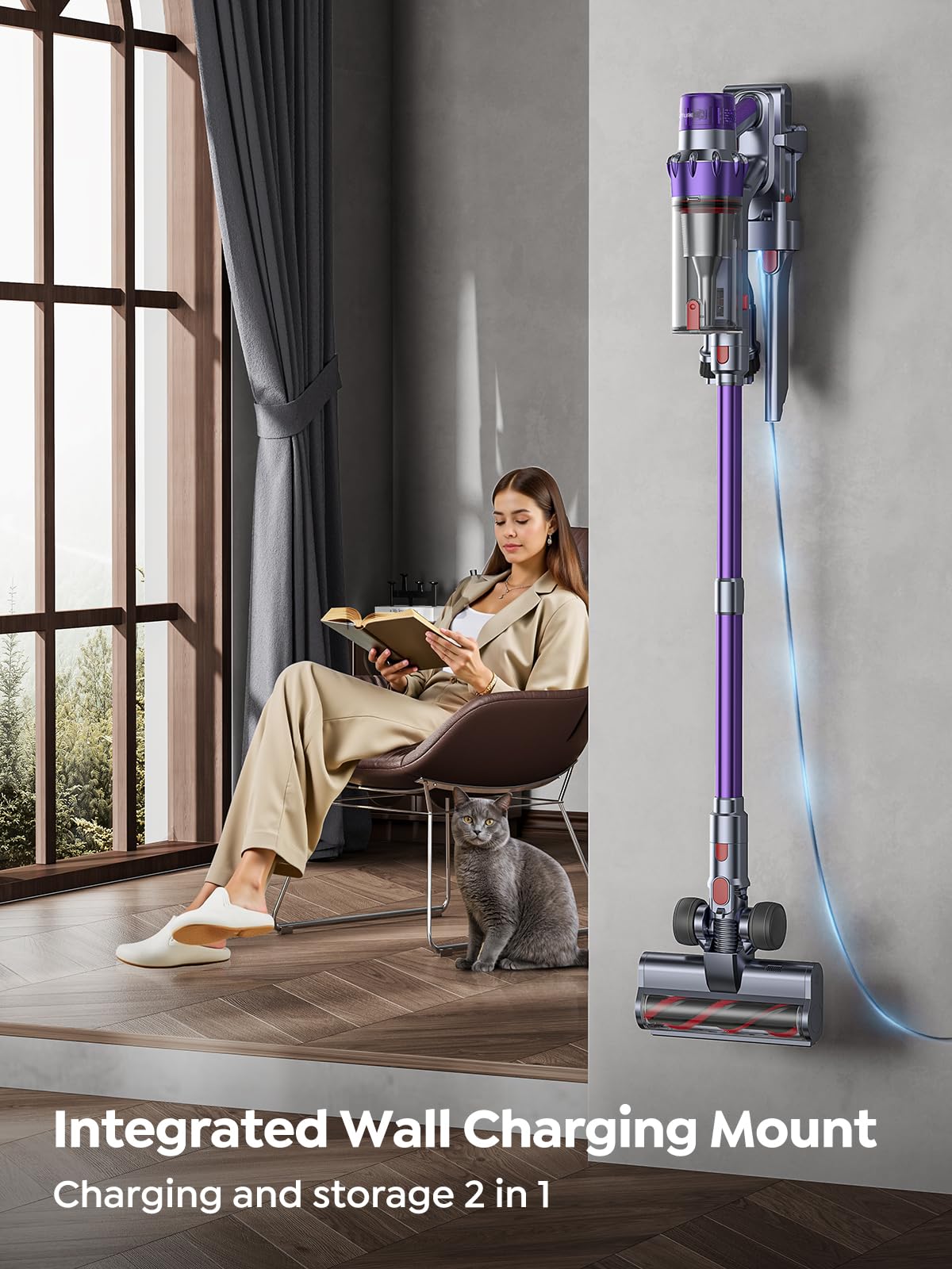 Cordless Vacuum Cleaner, 550W 45KPA 60 Mins Runtime Vacuum Cleaners for Home, Stick Vacuum with Self-Standing, Wall Mount Charging and Intelligent Auto Mode, Handheld Vacuum for Pet Hair/Carpet/Floor