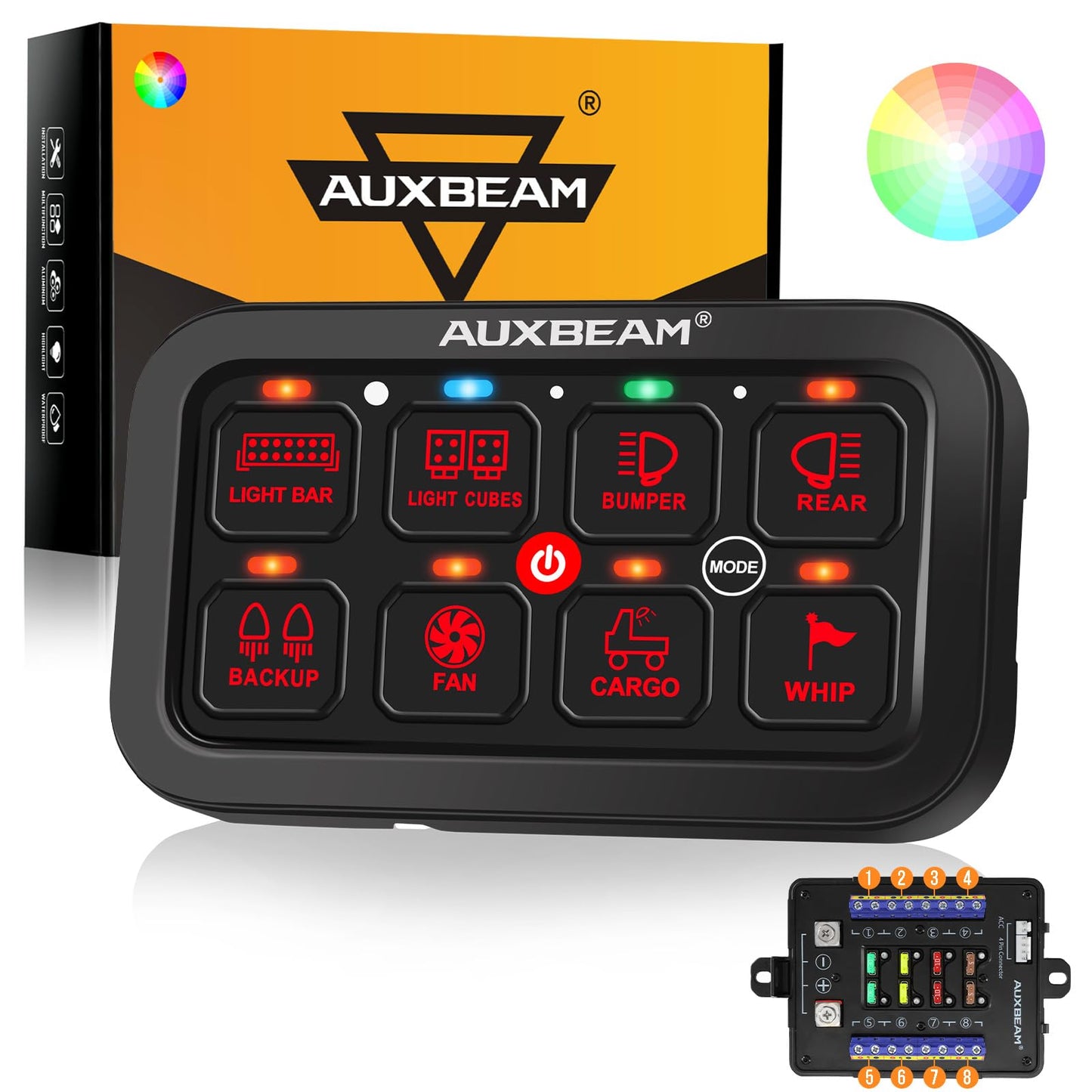 Auxbeam 8 Gang Switch Panel RB80 Toggle Momentary Pulsed RGB Dimmable Switch Panel Multifunction Panel Two Sided Output Marine Switch Panel IP65 Waterproof for Car Boat RV, 2 Years Warranty