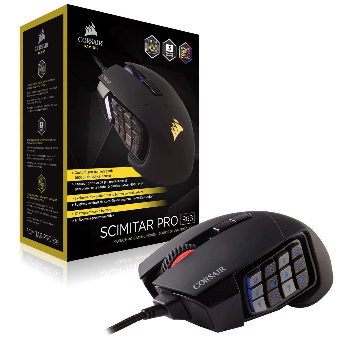 Corsair Scimitar Pro RGB Optical MMO Gaming Mouse (16,000 DPI Optical Sensor, 12 Programmable Side Buttons, 4-Zone RGB Multicolour Lighting, On-Board Storage) - Black