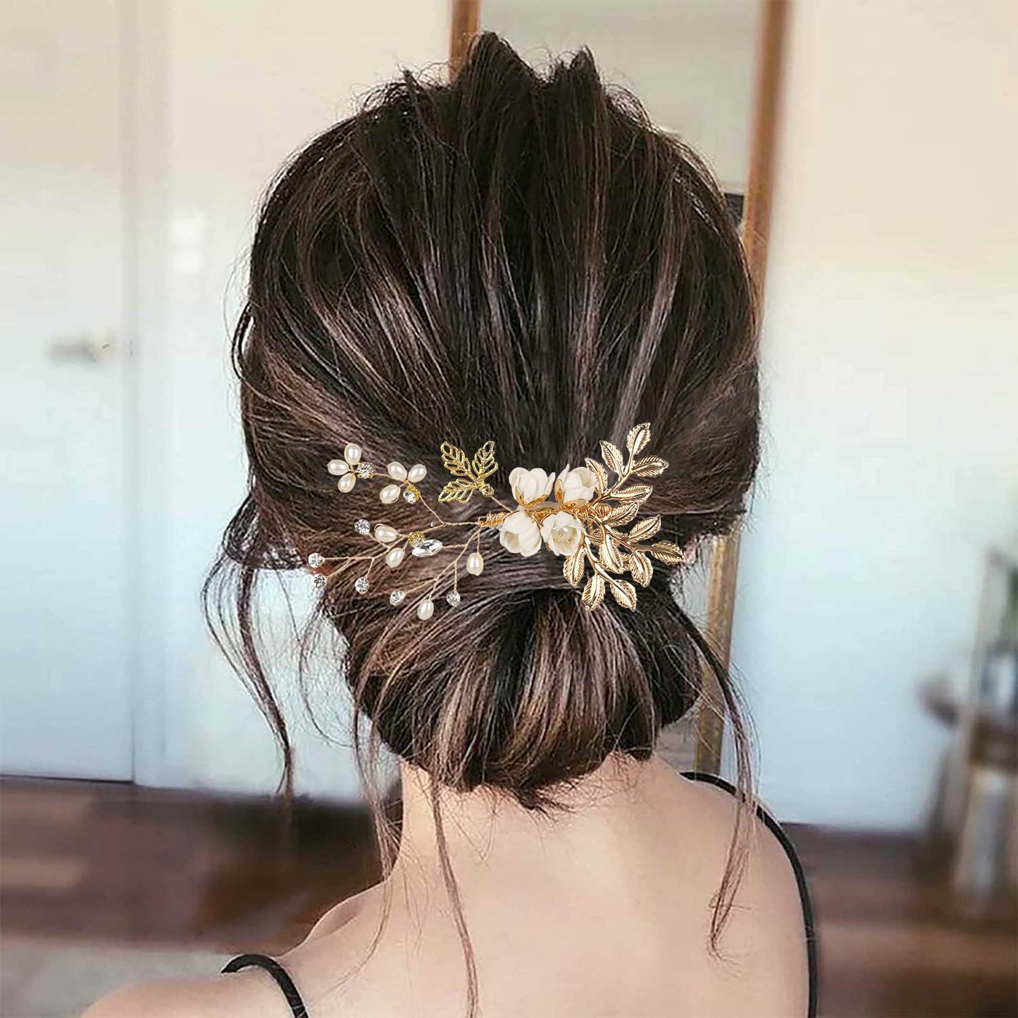 Bridal Hair Combs, Wedding Hair Comb Crystal Flower Hair Clips Bride Bridesmaid Hair Sides Comb Rhinestone Barrettes, Pearl Flower Hair Pins Hair Accessories for Women Girls (WhiteA)