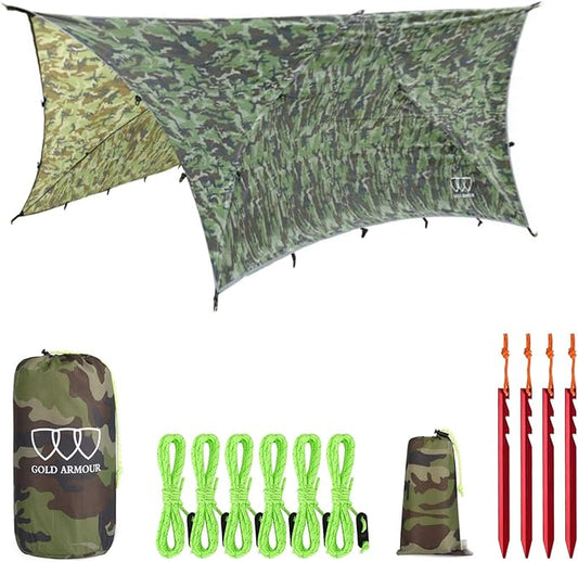 Gold Armour Rainfly Tarp for Hammock and for Tent, Camping Essentials Rain Fly Cover, Waterproof Lightweight Camping Accessories, Survival Camping Gear Camping Tent Accessories (Camo)