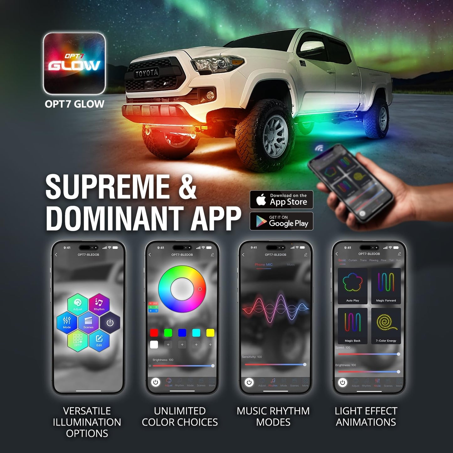 OPT7 Aura DreamColor Underglow Chasing Lights for Truck w/APP & Remote Control, Waterproof Rigid Aluminum LED Light Bar, Exterior Neon Accent Underbody RGBIC Lighting Kit, Multicolor Music Mode, 12V