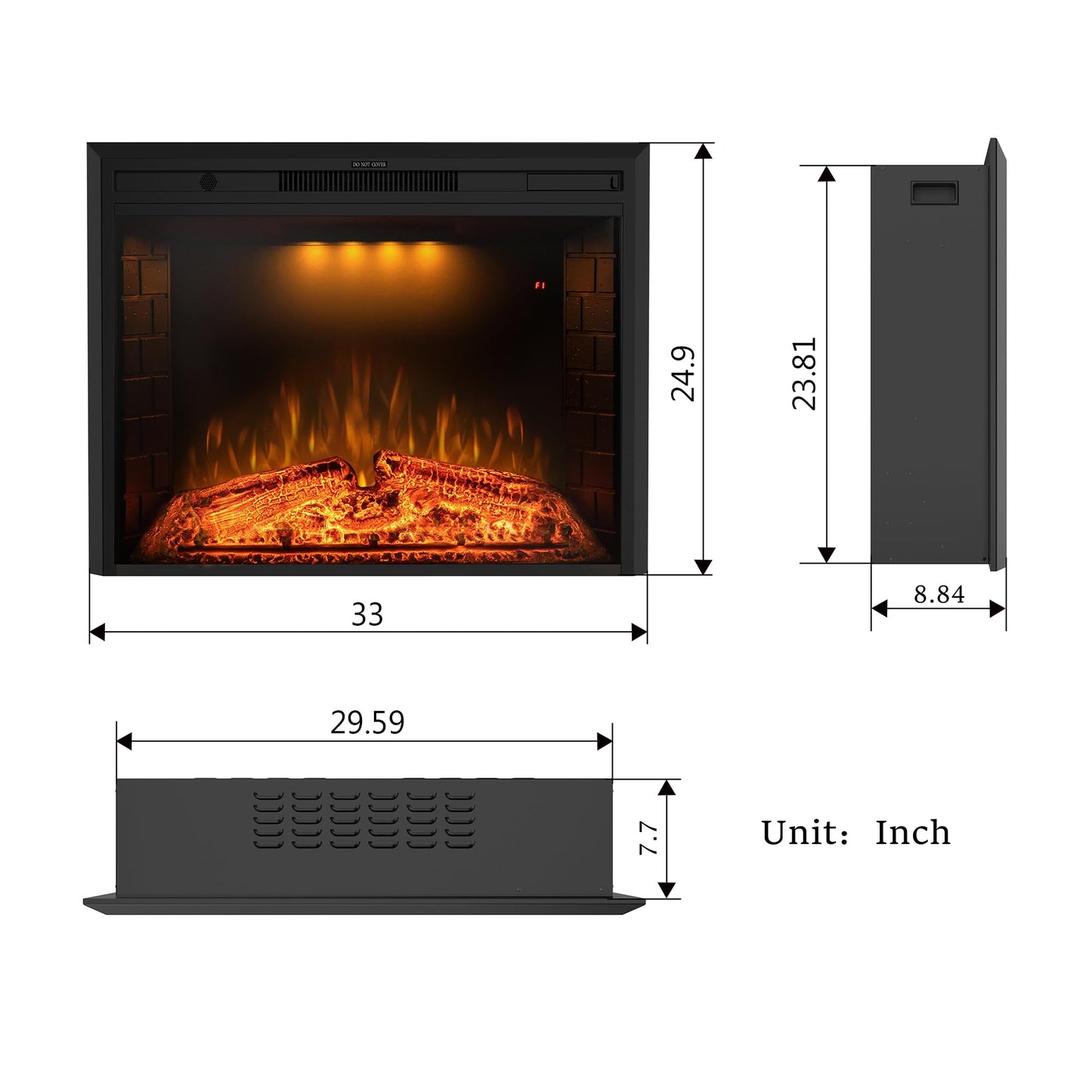 Benrocks 33'' Electric Fireplace Inserts, Recessed & Built in Wall Electric Fireplace Heater with Fire Crackling Sound, Adjustable Top Light & Flame Speed, Overheating Protection, 750/1500W Black