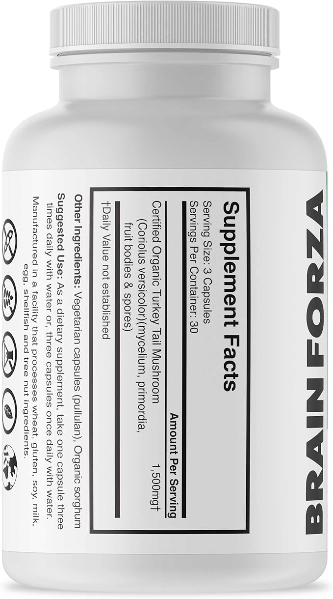 Brain Forza Organic Turkey Tail Mushroom Capsules, Mushroom Powdered Immune Support, Liver and Digest Health Support, Organic Defense Support, Non-GMO, Vegan, Organic, 90 Capsules