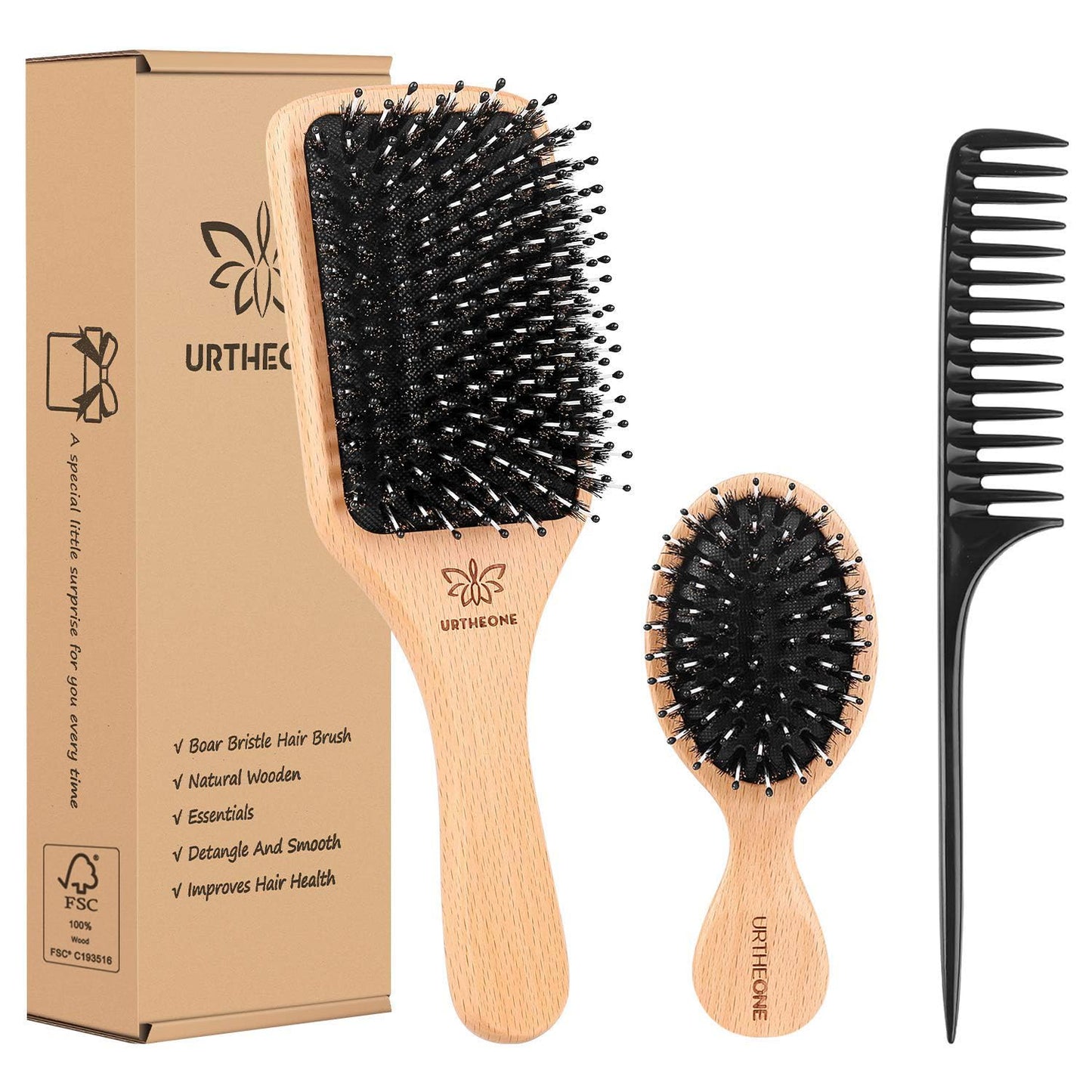 Boar Bristle Hair Brush And Comb Set For Women Men Kids, Best Natural Wooden Paddle Hairbrush And Small Travel Styling Brush For