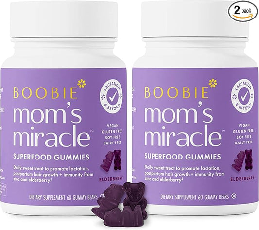 Boobie Bears Lactation Support Gummies | Helps As Milk Supply Booster & Supports Immune Health & Hair Growth | Breastfeeding Supplements with Zinc & Elderberry for Milk Supply Increase, 120 Count