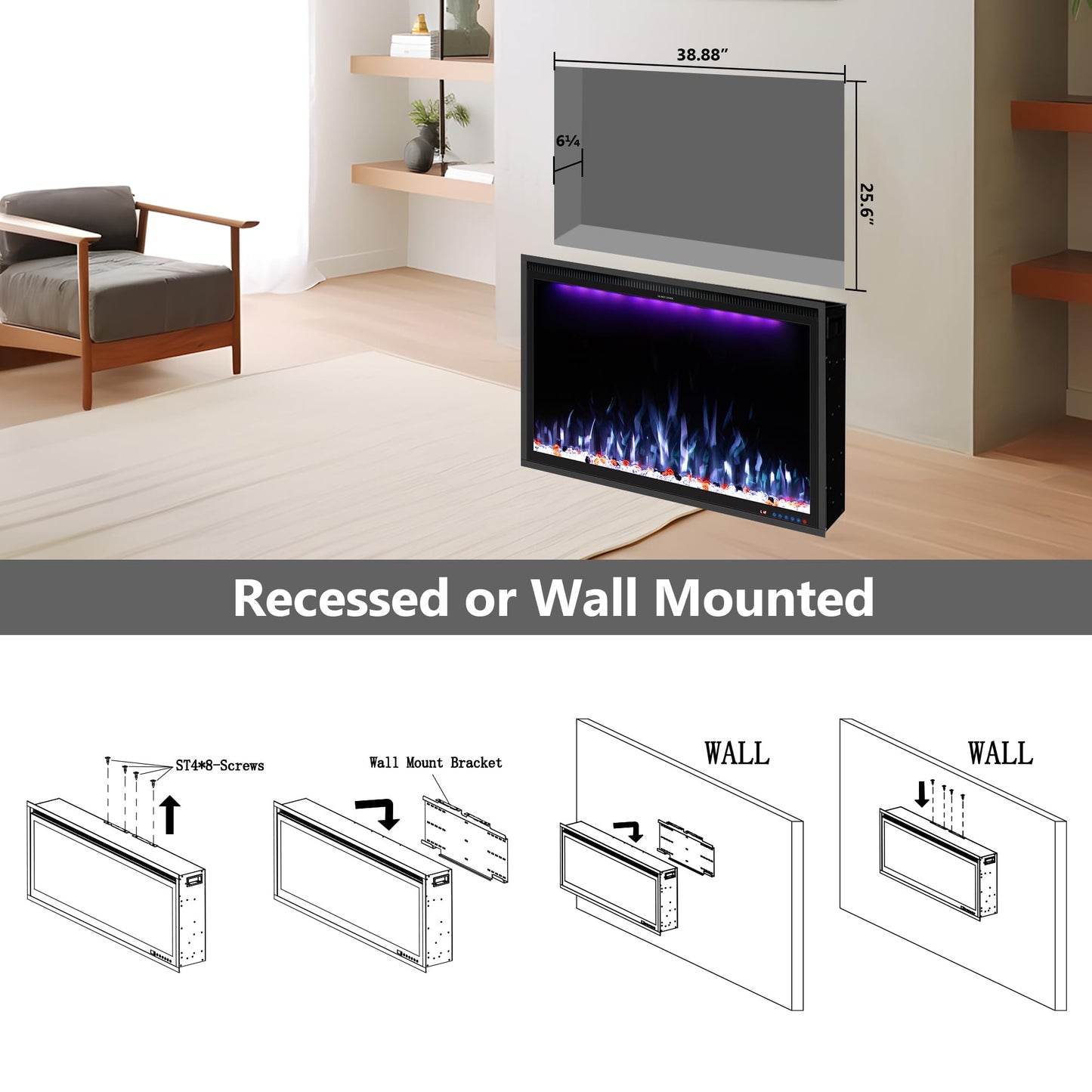 Benrocks 40'' WiFi- Enabled Electric Fireplace Inserts - Alexa & App Control, Slim Recessed & Wall Mounted, 13 * 13 * 3 Flame Color Combinations, 750W/1500W, Black