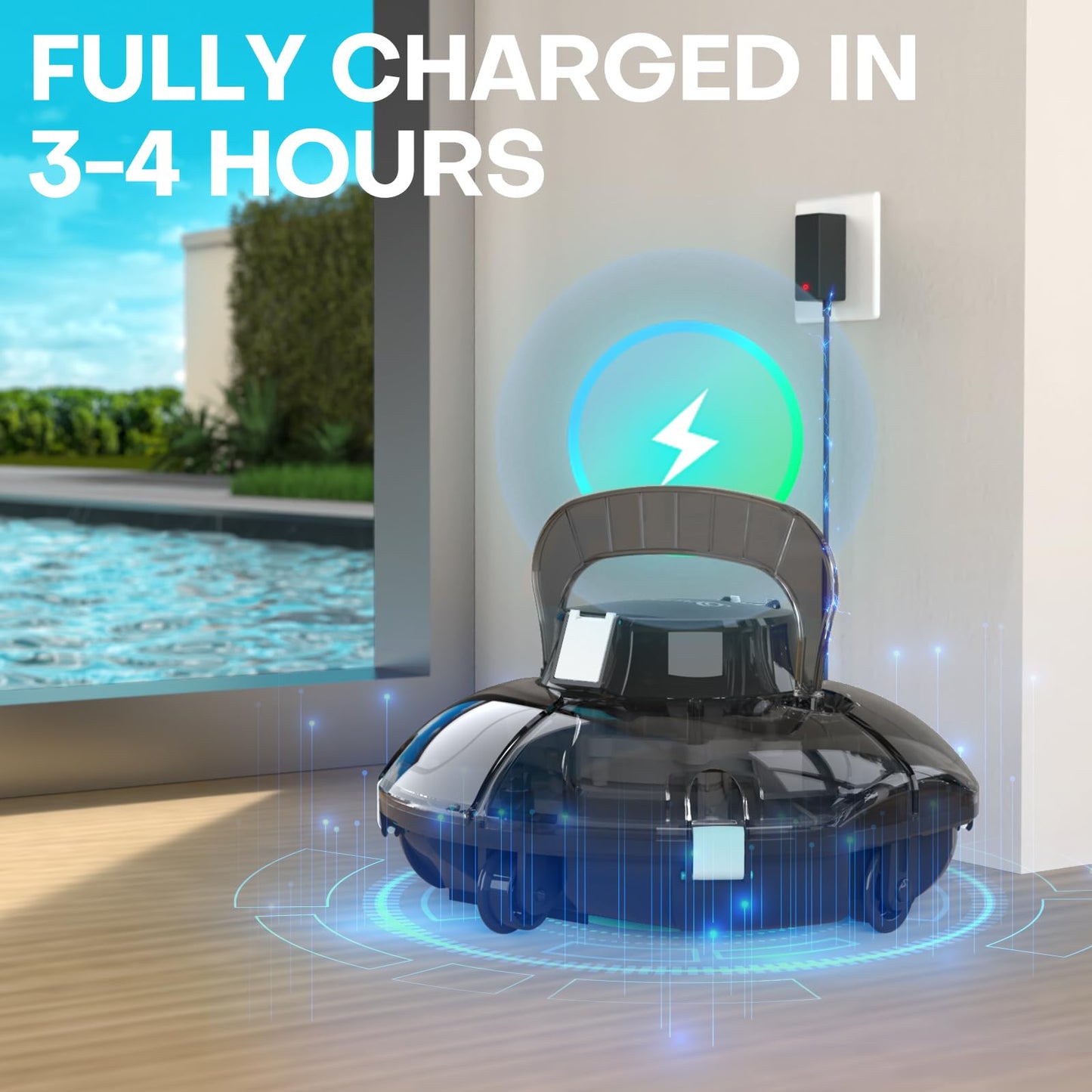 Cordless Robotic Pool Vacuum, Self-Parking Technology, Portable, Ideal for Above-Ground Flat Pool up to 645 Sq. Ft