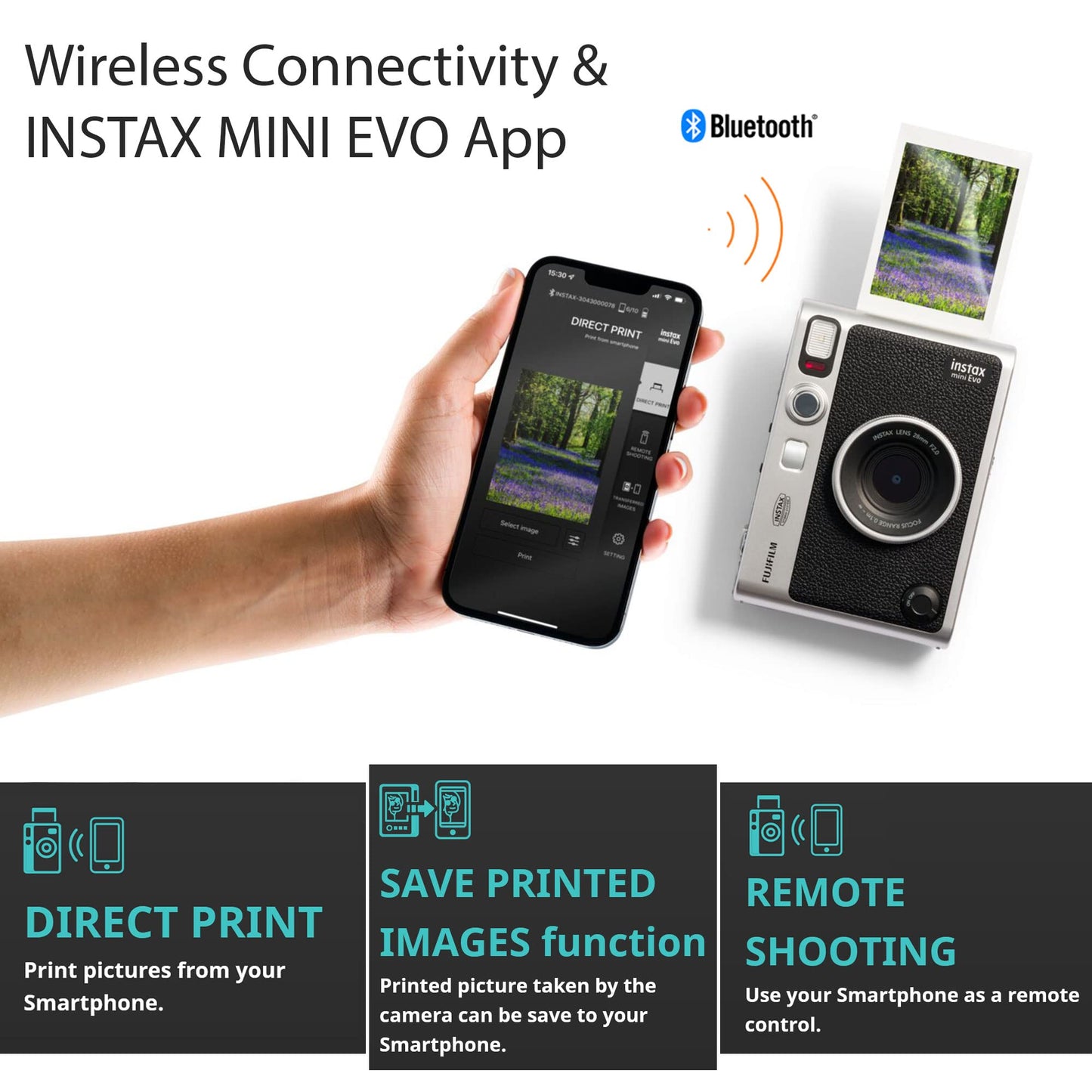 Fujifilm Instax Mini EVO Hybrid Instant Camera Black Bundle with Instax Mini Instant Film 20 Sheets, 32GB microSD Card, Vintage Style Black Camera Case, Bundle