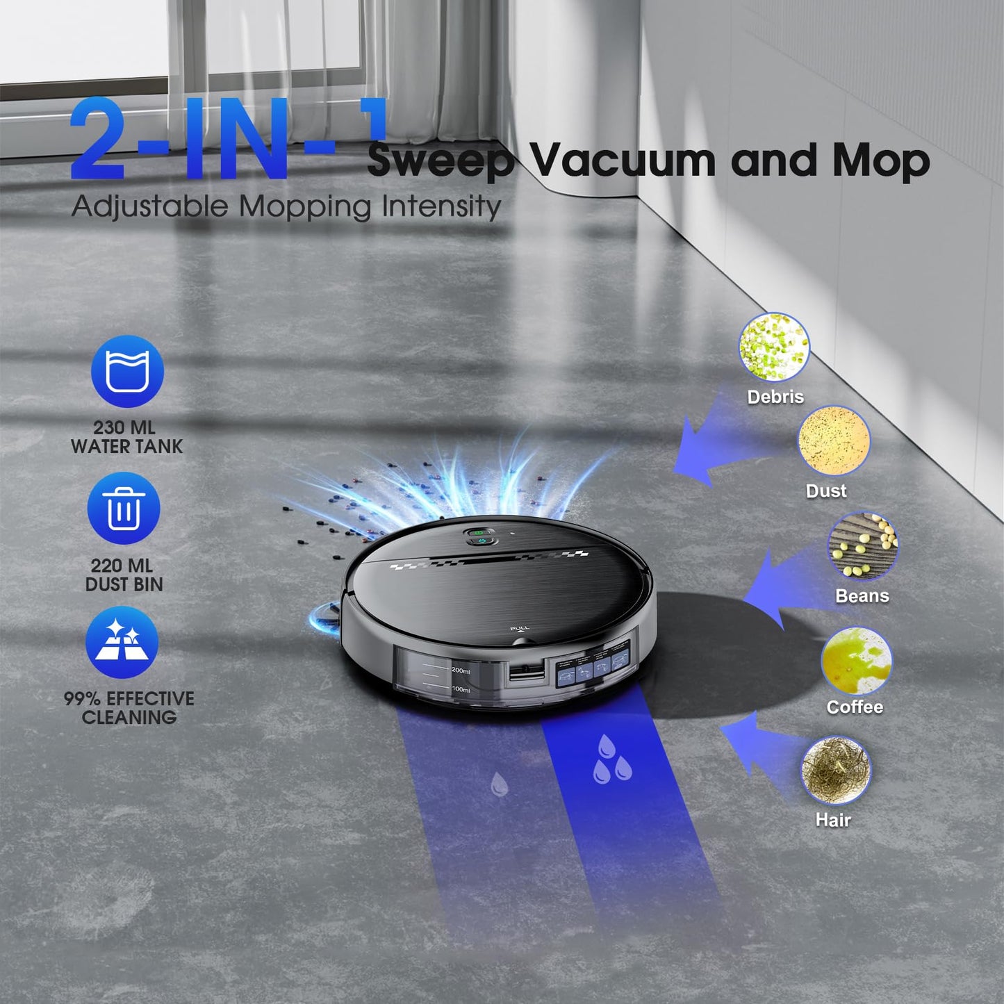 Robot Vacuum and Mop, 2-in-1 Robotic Vacuums Cleaner with Smart Max Strong Suction, WiFi/App/Alexa Voice Control, Obstacle Avoidance, for Pet Hair, Carpets and More