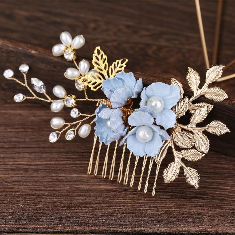 Bridal Hair Combs, Wedding Hair Comb Crystal Flower Hair Clips Bride Bridesmaid Hair Sides Comb Rhinestone Barrettes, Pearl Flower Hair Pins Hair Accessories for Women Girls (Light BlueA)