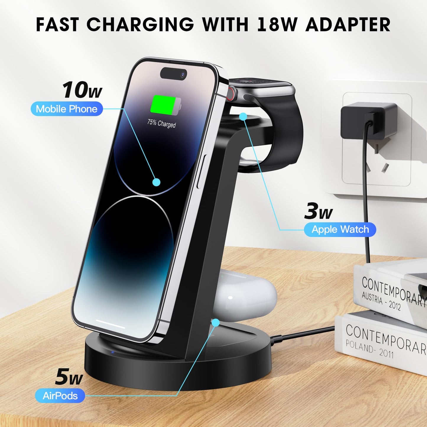 3 in 1 Charging Station for iPhone, Wireless Charger for iPhone 16e 16 15 14 13 12 11 X Pro Max & Apple Watch - Wireless Charging Station for AirPods 4 3 Pro