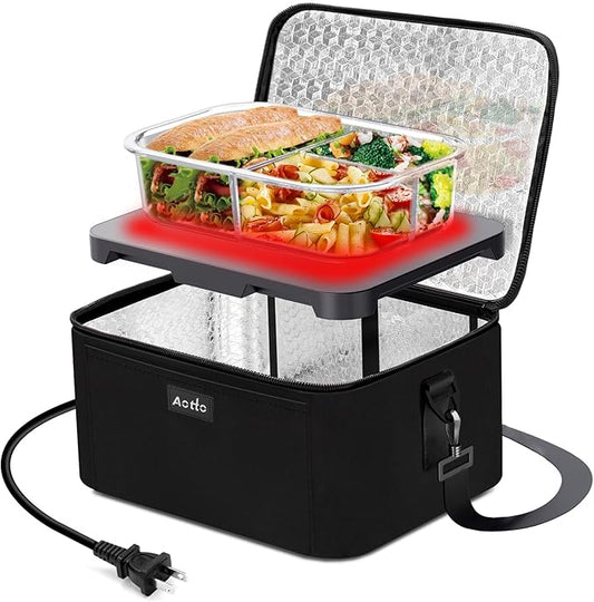 Aotto Portable Oven Electric Lunch Box Food Heater - 80W Heated Lunch Box Food Warmer for Adults, Work, Travel, Home Kitchen - Cook, Reheat, and Keep Warm (Black) 110V/120V