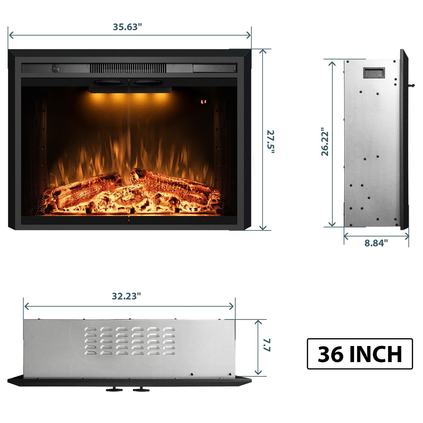 Benrocks 36” Electric Fireplace Inserts with Glass Door and Mesh Screen, Multicolor Flames & Fire Crackling Sounds, Timer, Overheating Protection Fireplace Heater, 750/1500W
