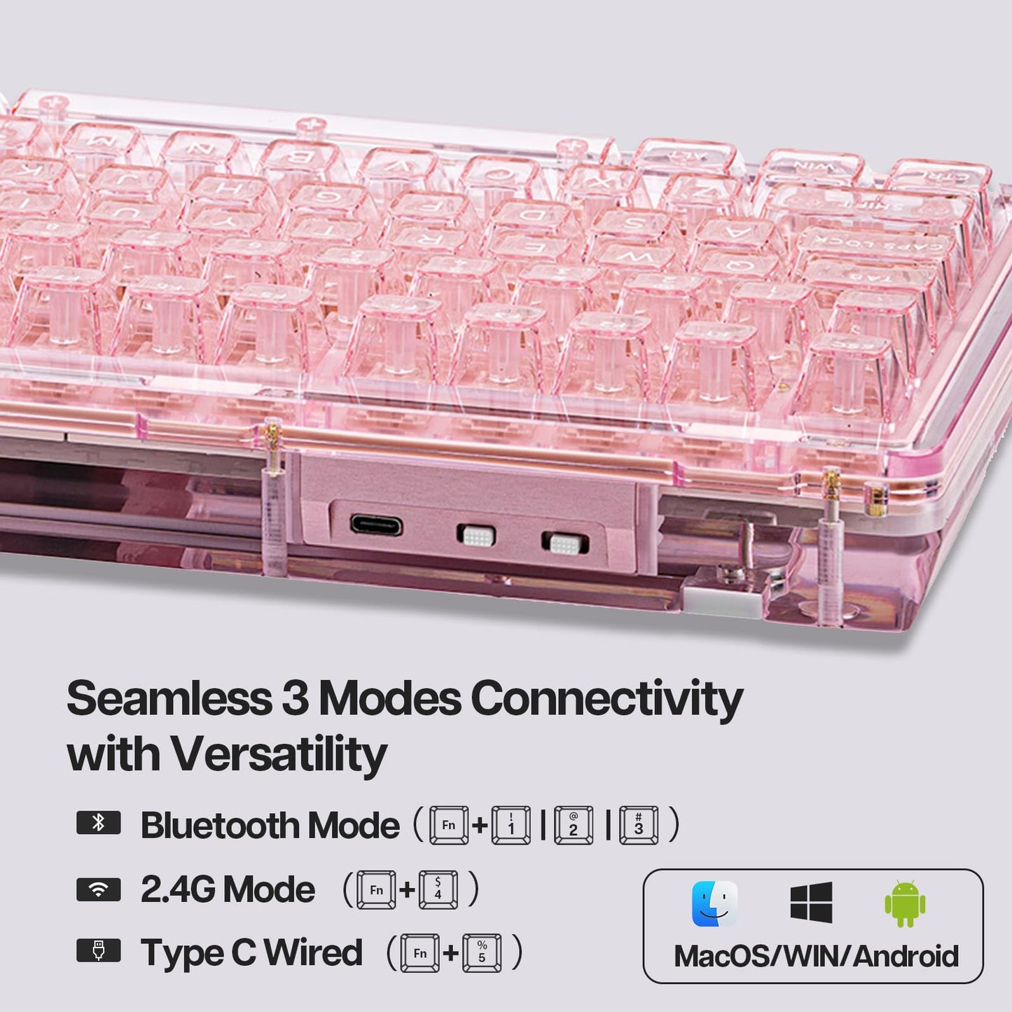 KiiBoom Phantom 81 75% Transparent Mechanical Gaming Keyboard, Hot Swappable Custom Gasket Keyboard with RGB Backlit, Clear Keycap, Rechargeable Battery, Triple Mode for Win/Mac (Phantom 81 V2 Pink)