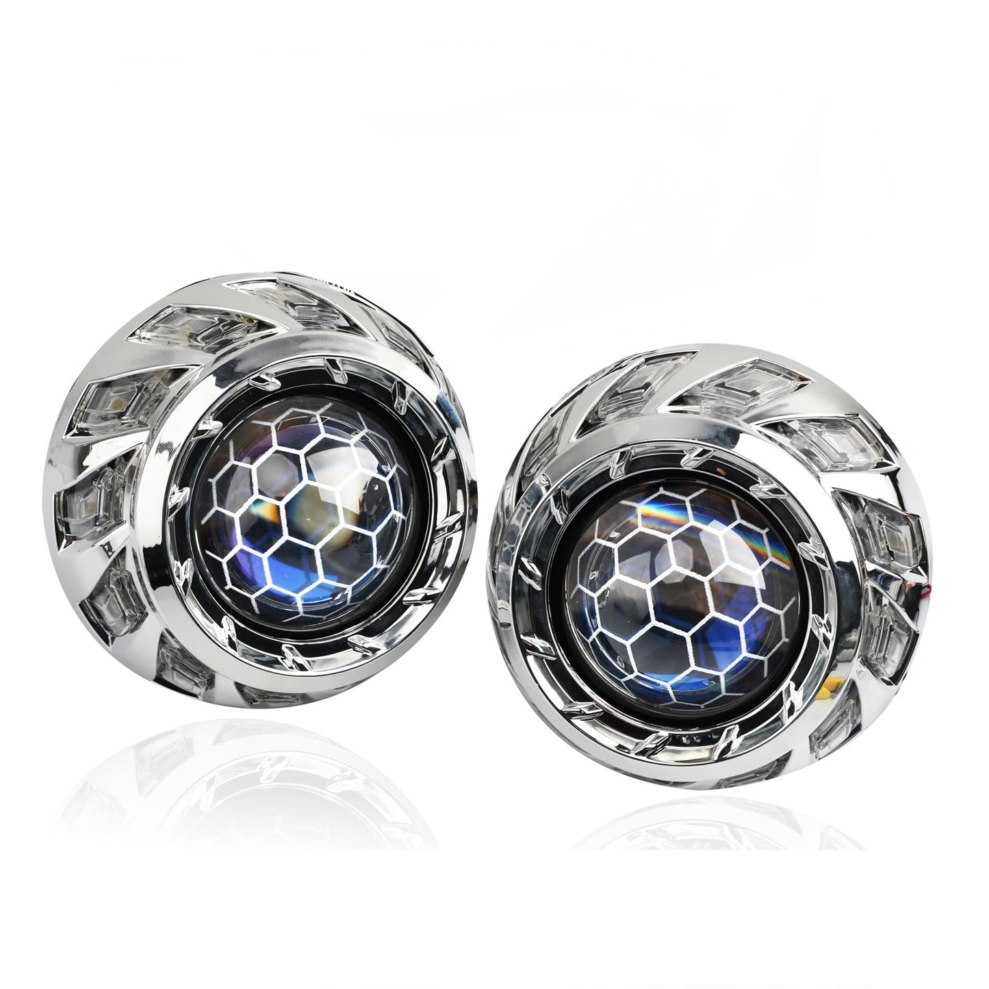 YUFANYA 2.5 inchs Honeycomb Blue Lens,Mini Bi-xenon Projector Lens with 3.0inch RGB Shrouds Decoration,Universal for H1 H4 H7 9005 9006 Vehicle Motorcycle (Sliver)