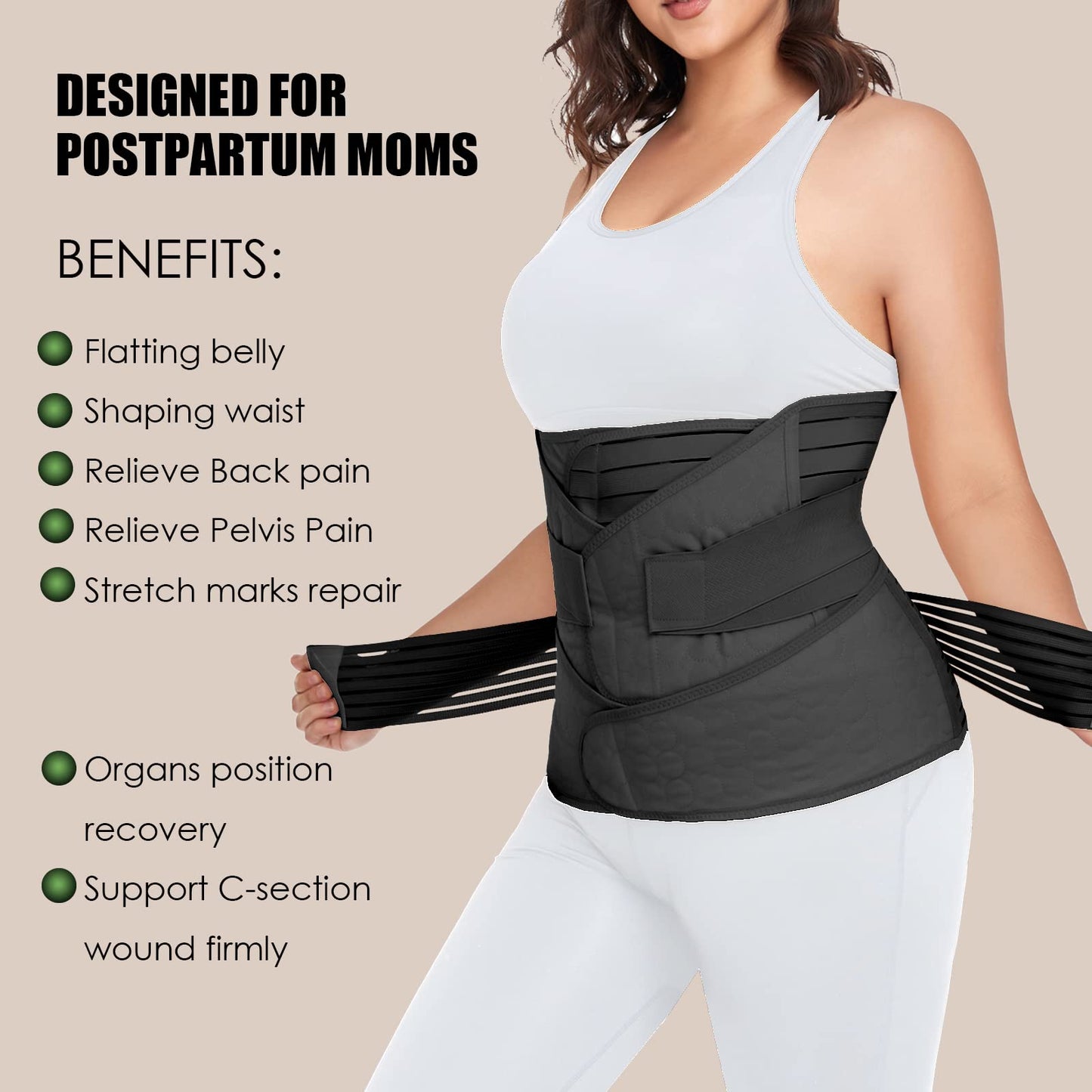 3 in 1 Postpartum Belly Band Wrap Support Recovery Girdles Abdominer Binder Post Surgery Belly&Waist&Pelvis Support Belt & Back Brace(Black, Small/Medium)
