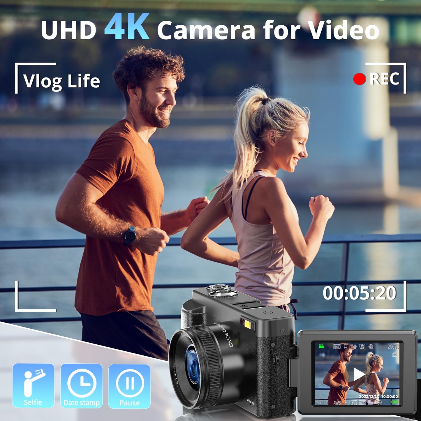 4K Digital Camera for Photography and Video, Autofocus 48MP Vlogging Camera for YouTube with 3'' 180°Flip Screen 16X Zoom Compact Travel Cameras with SD Card, 2 Batteries, Anti-Shake, Flash (Black)
