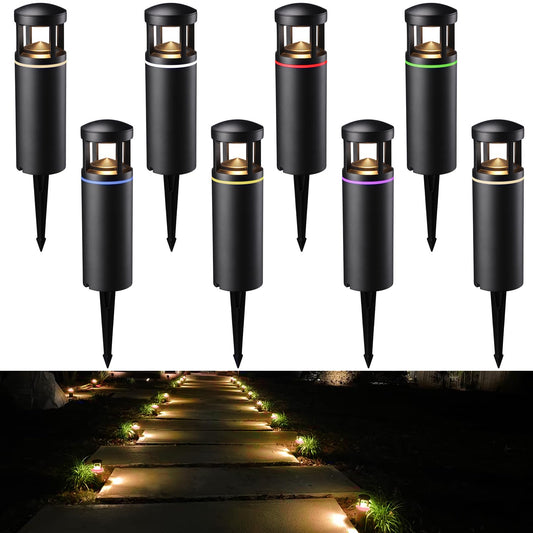 LEONLITE 8-Pack RGB Low Voltage Pathway Lights, Unique Light Pattern, 7 Color Changing, Landscape Path Lights Outdoor, Aluminum, IP65, 12-24V AC/DC, 3000K 5000K Red Green Blue Yellow Purple