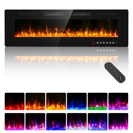 BREEZEHEAT 60" Ultra Thin Electric Fireplace Insert-ETL Certified, Recessed/Wall Mount, 3D Flame with Crystal, Remote & Touch, 750W/1500W (700 Sq.Ft), 8H Timer