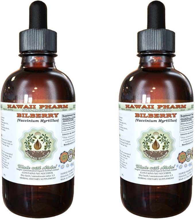 Bilberry Alcohol-Free Liquid Extract, Organic Bilberry (Vaccinium myrtillus) Dried Leaf Glycerite Hawaii Pharm Natural Herbal Supplement 2x4 oz
