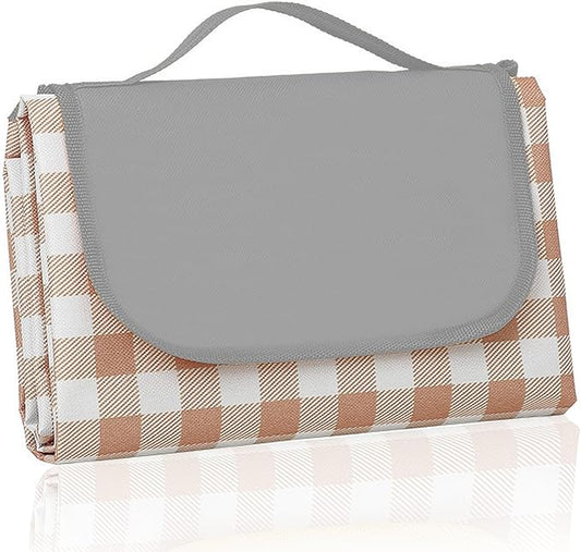 QWXNRG Outdoor Picnic Blanket, Foldable Waterproof Sand Mat, Extra Large Picnic Blanket 60" x 80" for Beach Camping Hiking Travel Outdoor Family Concerts - Brown Striped