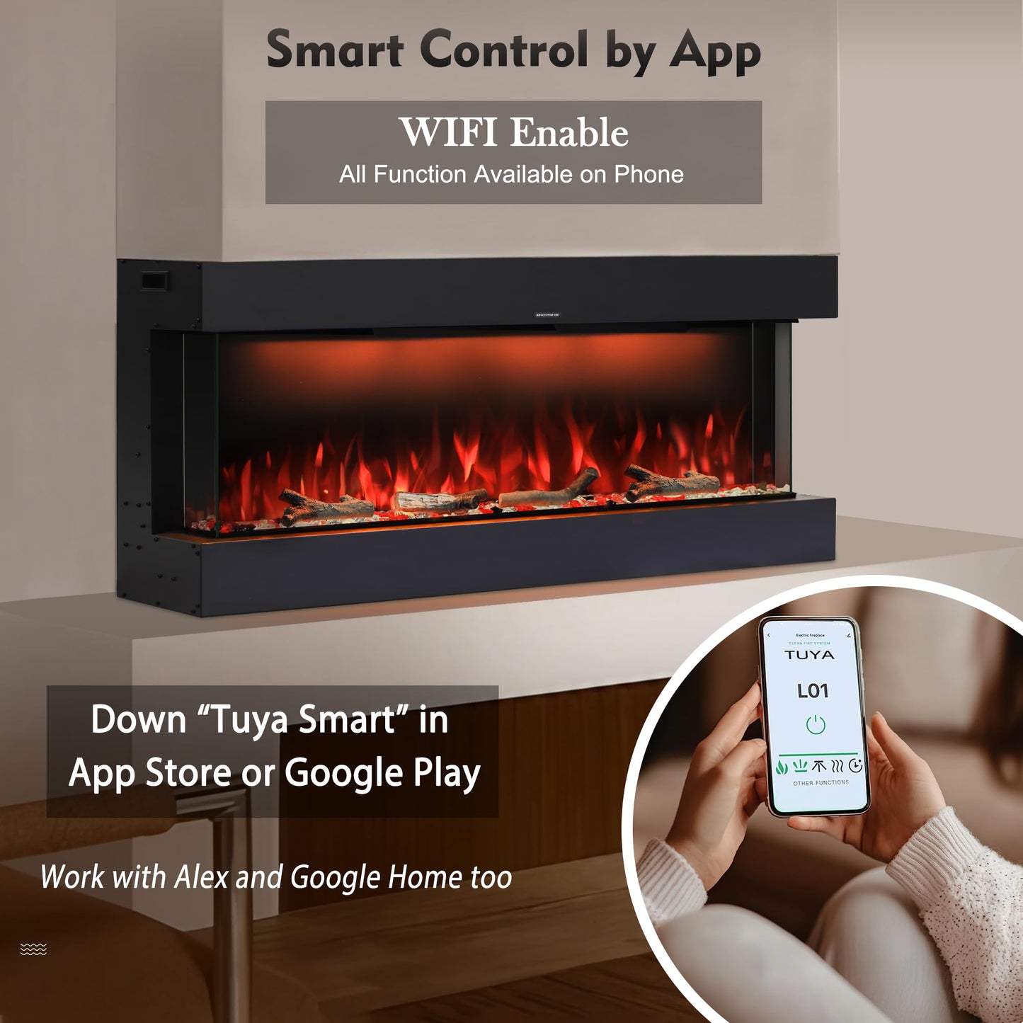 Masarflame 36" WiFi Electric Fireplace, 3-Sided Glass Fireplace Heater with Timer & Thermostat, 13×13 Flame & Fuel Bed Colors with Top Light, Adjustable Sound Volume, Log & Crystals, Work with Alex