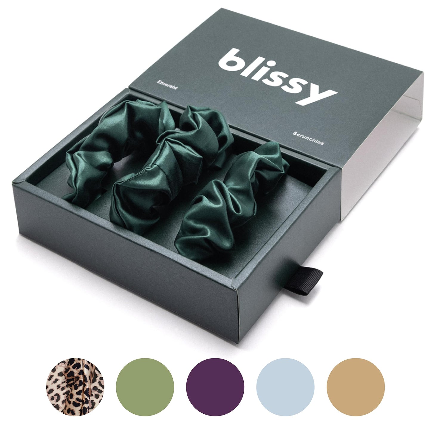 Blissy Silk Scrunchies (3 Pack) - 100% Pure Mulberry 22 Momme 6A High-Grade Fibers - Silk Scrunchie for Straight & Curly Hair (Emerald, Regular)
