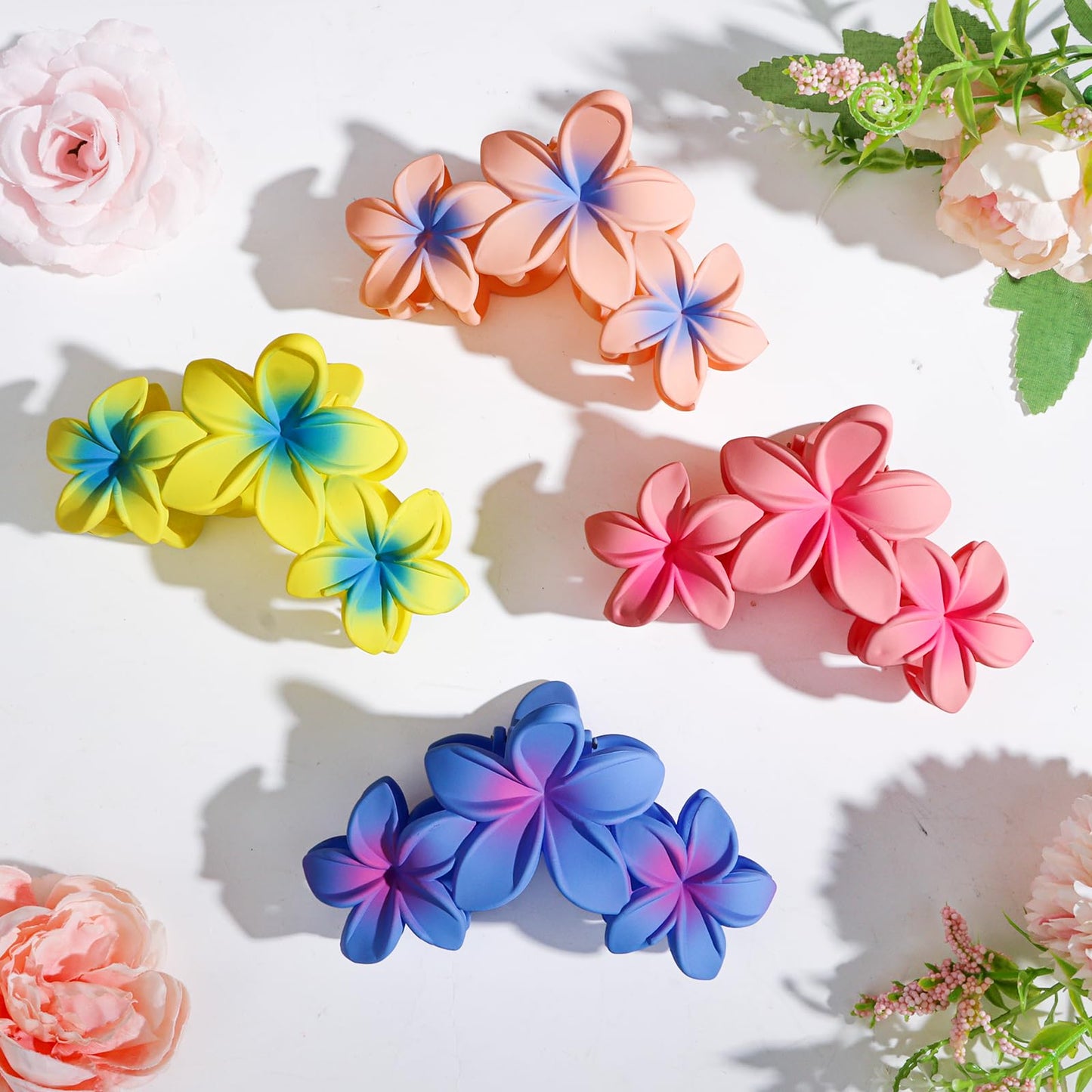 4PCS Plumeria Hair Clips for Thick Hair - Large Hawaiian Claw Clips with Strong Hold and Non-Slip Grip (Colorful)