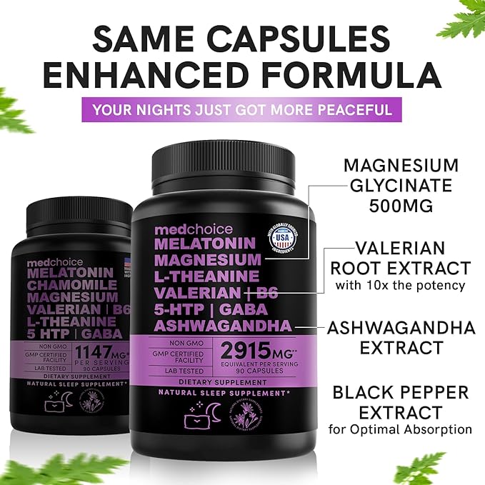 12-in-1 Melatonin Sleep Capsules - Natural Sleep Aids for Adults with Melatonin 5mg and Magnesium Glycinate 500mg, Sleep Aid with Ashwagandha, L Theanine, Valerian Root, GABA, 5-HTP (90ct, Pack of 2)