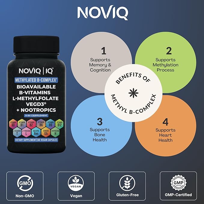 11-in-1 Methylated B-Complex Supplement: 680mcg L-Methylfolate(5-MTHF) Thiamine(B1) Riboflavin(B2) Pyridoxal(B6) Methylcobalamin(B12) - VegD3® + Nootropics - 1,100mg+ Serving - 60 Count