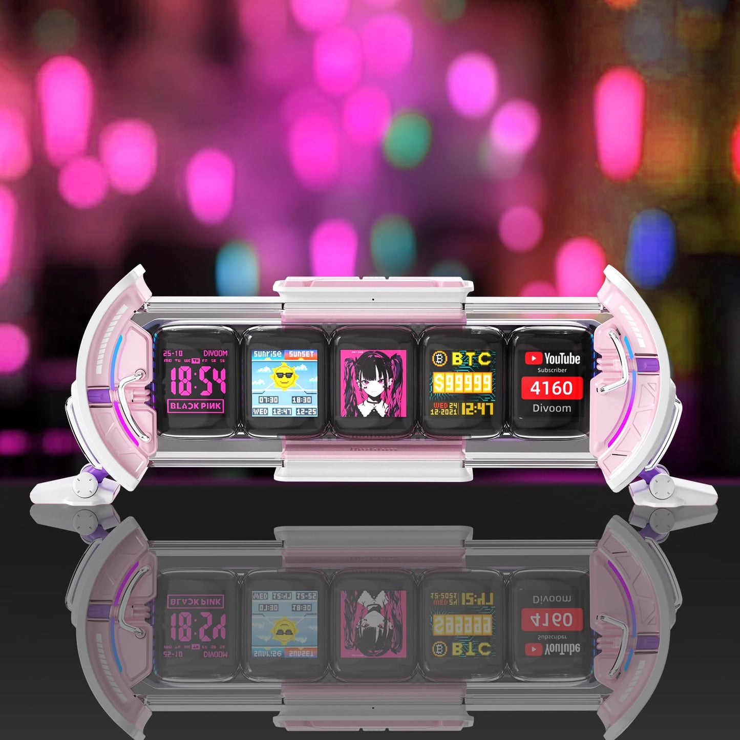 Divoom Times Gate Cyberpunk Digital Clock - Smart App Control, WiFi Connectivity, RGB LED Display, Customizable Dashboard & Pixel Art for Gaming Room and Office Decor (Pink)