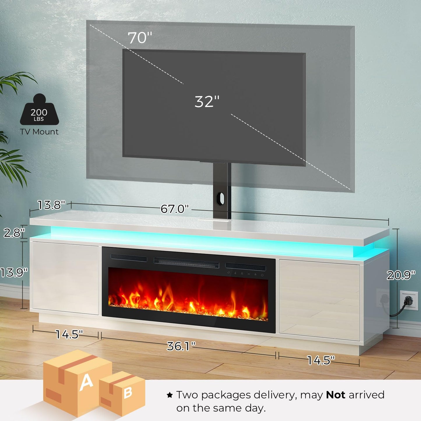 Rolanstar Fireplace TV Stand with Led Lights and Power Outlets, TV Stand Mount with 36" Electric Fireplace, White Entertainment Center for 45/50/55/60/65/70 inch TVs, Modern TV Console for Living Room