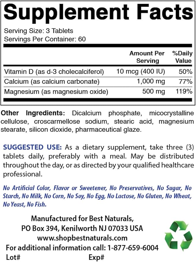 Best Naturals Calcium Magnesium with Vitamin D3 1500mg Serving 180 Tablets (180 Count (Pack of 3))