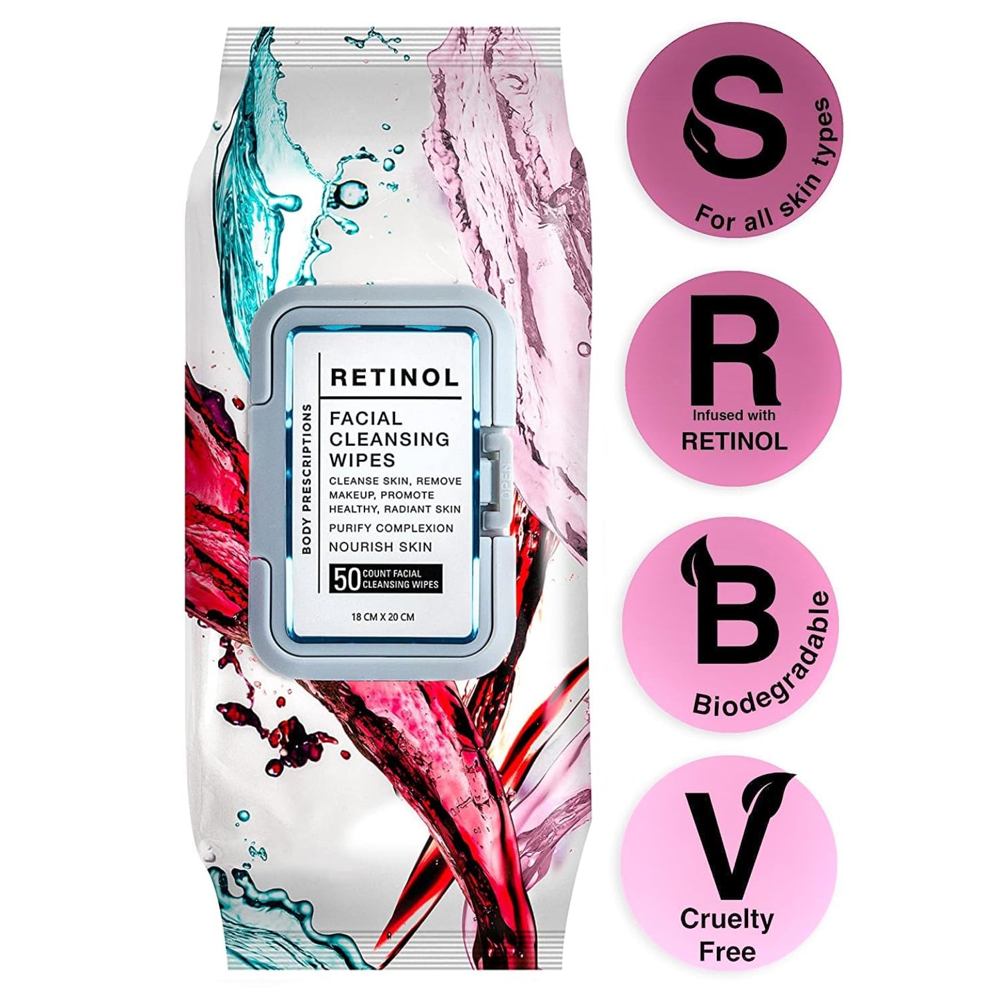 Body Prescription Makeup Cleansing Wipes - Gentle and Effective Face Wipes, 50 Count (Pack of 1), Retinol