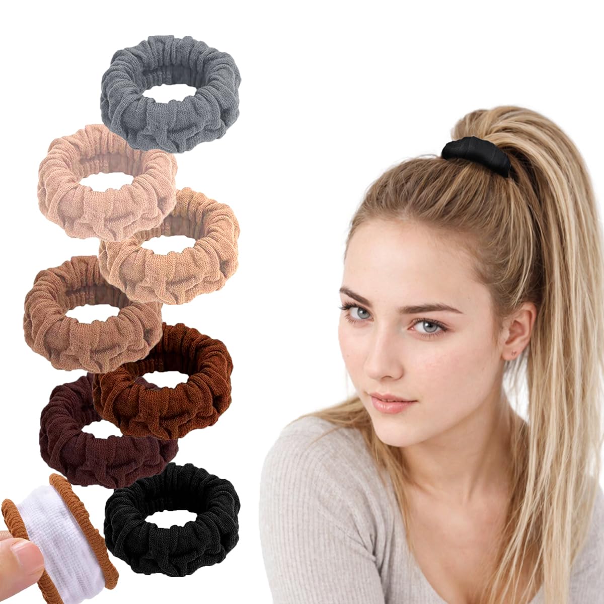 Vrose Flosi Hair Scrunchies For Women's Hair Black Seamless Hair Ties No Damage Ponytail Holders With All Day Hold Thick & Curly & Heavy Fine Hair Accessories Strong Elasticity No Snag Dents Breakage