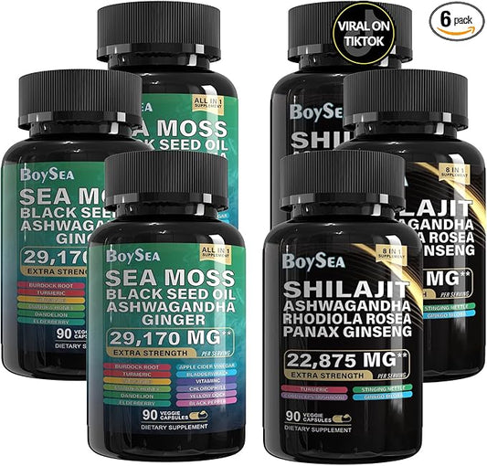 Boysea.Shilajit and Sea Moss Bundle - 90 Count - Sea Moss 7000mg, Black Seed Oil 4000mg, Ashwagandha 2000mg, Ginger & Shilajit 9000mg, Rhodiola Rosea 1000mg, All in 1 Supplements (3 Pack)