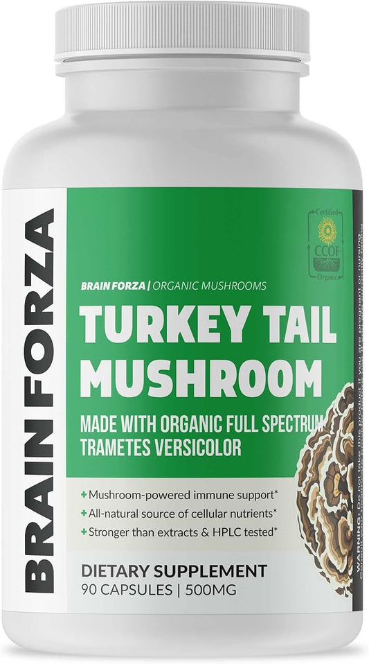 Brain Forza Organic Turkey Tail Mushroom Capsules, Mushroom Powdered Immune Support, Liver and Digest Health Support, Organic Defense Support, Non-GMO, Vegan, Organic, 90 Capsules