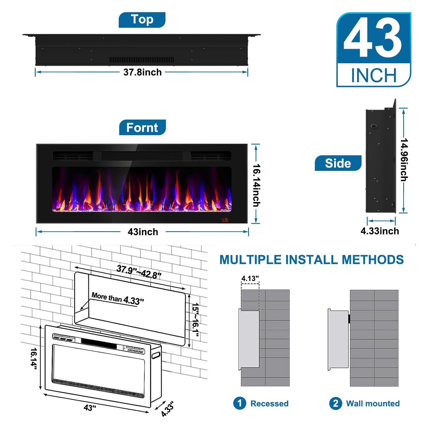 43 Inch Electric Fireplace Recessed and Wall Mounted, Fireplace Heater and Linear Fireplace, Ultra-Thin Electric Fireplace, Low Noise, with Timer, Remote Control, Adjustable 12 Flame Color, 750/1500W