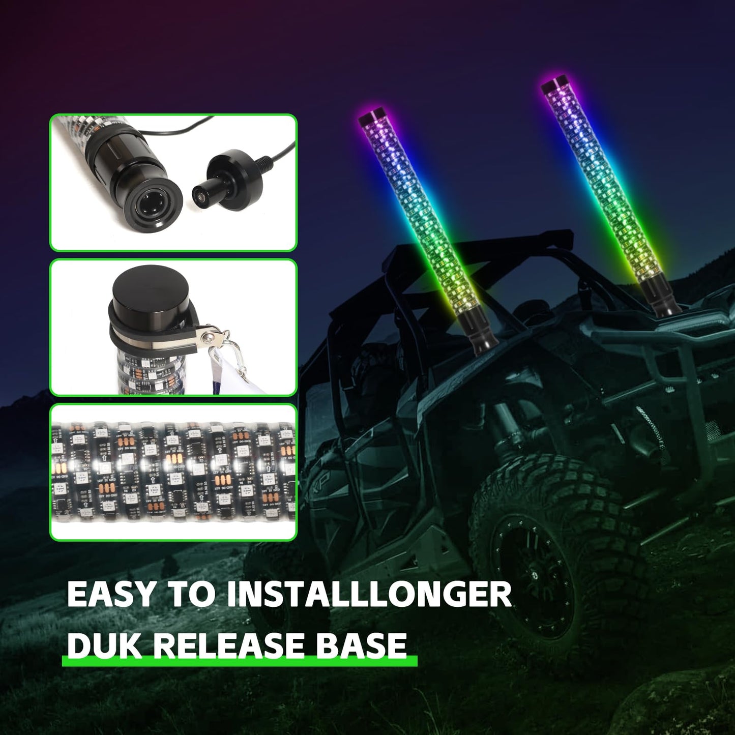 2PCS 2FT Fat Whip Lights with Function-Remote&APP Control Compatible with UTV ATV RZR Polaris Buggy Offroad Truck Accessories RGB Chasing Dancing Lighted Antenna Whips
