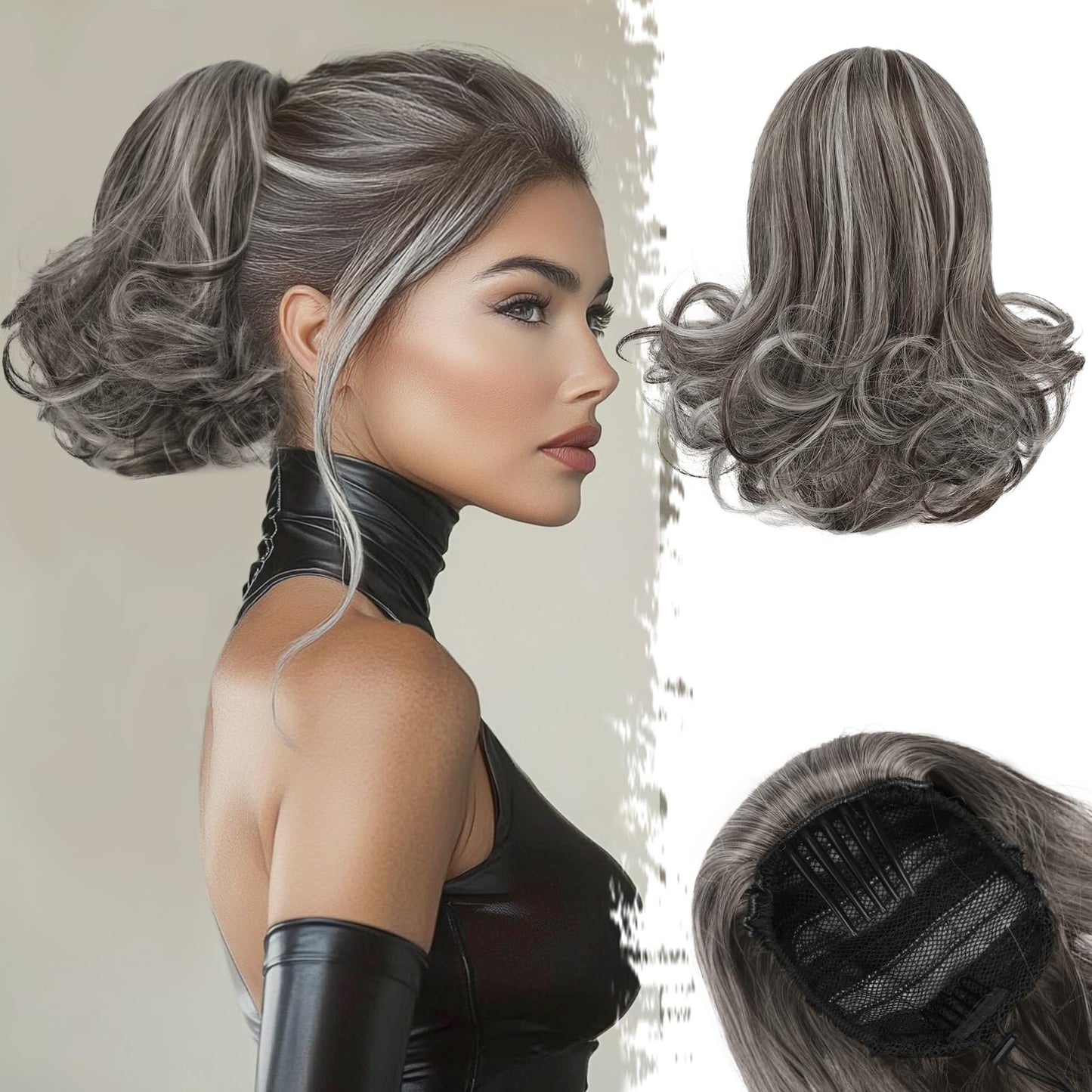 BARSDAR Drawstring Comb Clip Ponytail Extension - 10 Inch Short Wavy Clip in Ponytails Hairpieces for Women - Synthetic Gray Ponytail Extensions Fake Pony Tails - Dark Brown Mix Gray