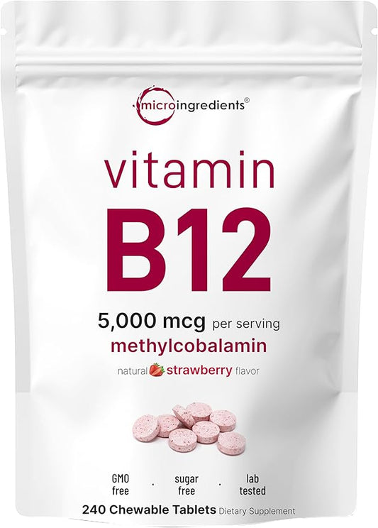 Micro Ingredients Vitamin B12 5000mcg | Methyl B12 Active Form – 240 Chewable Tablets | Fast Dissolve, Natural Strawberry Flavor, Support Energy, Metabolism Health | Vegan, Non-GMO, & No Glute