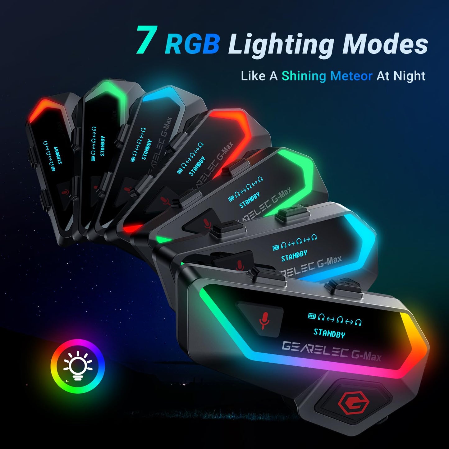 gearelec Motorcycle Helmet Bluetooth Headset V5.2BT【HiFi Stereo Sound】【Screen and RGB Lights】 80Mph Clear Calls Helmet Communication Systems 2000M 6 Riders Intercomunicador para Casco De Moto 2 Pack