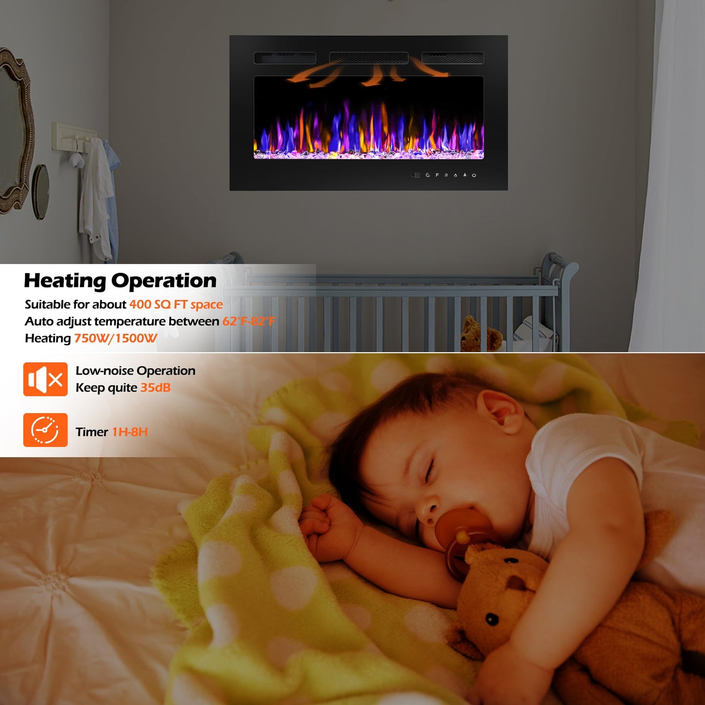 BETELNUT 30" Electric Fireplace Wall Mounted and Recessed with Remote Control, 750/1500W Ultra-Thin Wall Fireplace Heater W/Timer Adjustable Flame Color and Brightness, Log Set & Crystal Options