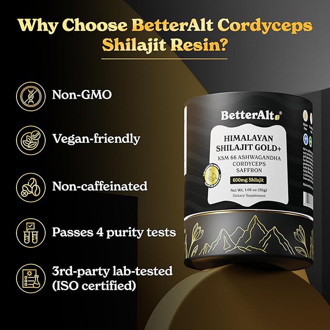 BetterAlt Himalayan Shilajit Gold + with Cordyceps | With KSM 66 Ashwagandha |85+ Trace Minerals, 75% Fulvic Acid, with Lab Test Report, 600mg |For Men & Women