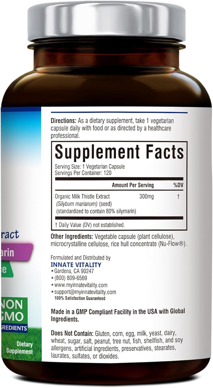 Innate Vitality 50:1 Organic Milk Thistle Supplement, 15000mg Equivalent (300mg Extract), 80% Silymarin Flavonoids, Liver Health, Detox & Cleansing, Made in USA, Non-GMO, 120 Veggie Capsules