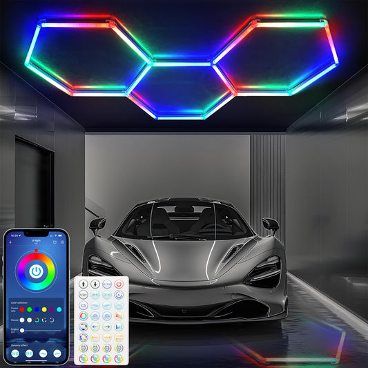 RGB Hexagon Lights - 4 Music Modes Hexagon LED Lights Dimmable, 358 Color Modes, Remote Control, IP54 Waterproof, DIY for Gaming Room, Gym, Party, Bar