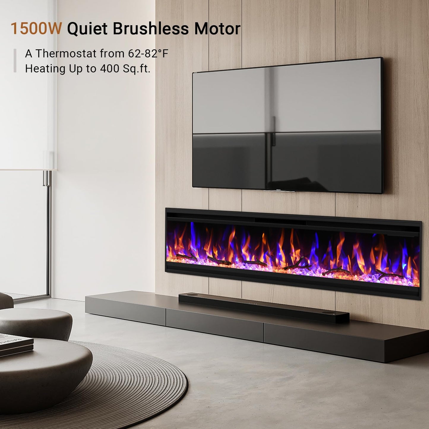 Feelcoo 50 inch Electric Fireplace, 4.3" Ultra-Thin Electric Fireplace Inserts, Ultra-Narrow Frame, Wall Mounted and Recessed Fireplace, Log & Crystal, Touch Screen & Remote Control, 1500W